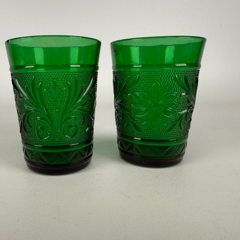 Vintage Emerald Green Pressed Glass Tumblers Floral Scroll Pattern Set of 2 4in